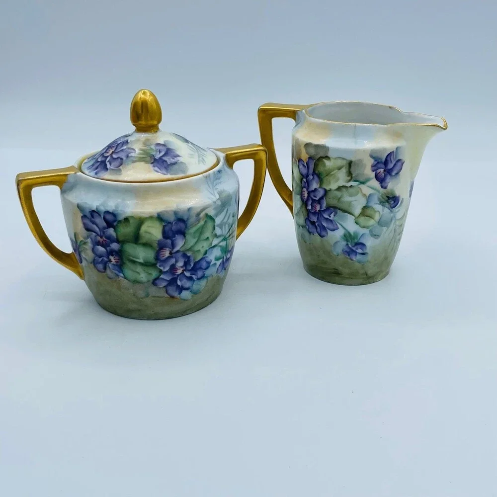 Antique Wellman Germany Porcelain Cream & Sugar Set Purple Floral Gold Gilt